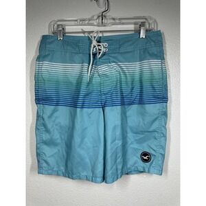 Hollister Board Shorts Mens 32 Blue Green Striped Swim Trunks Surf Beach Logo